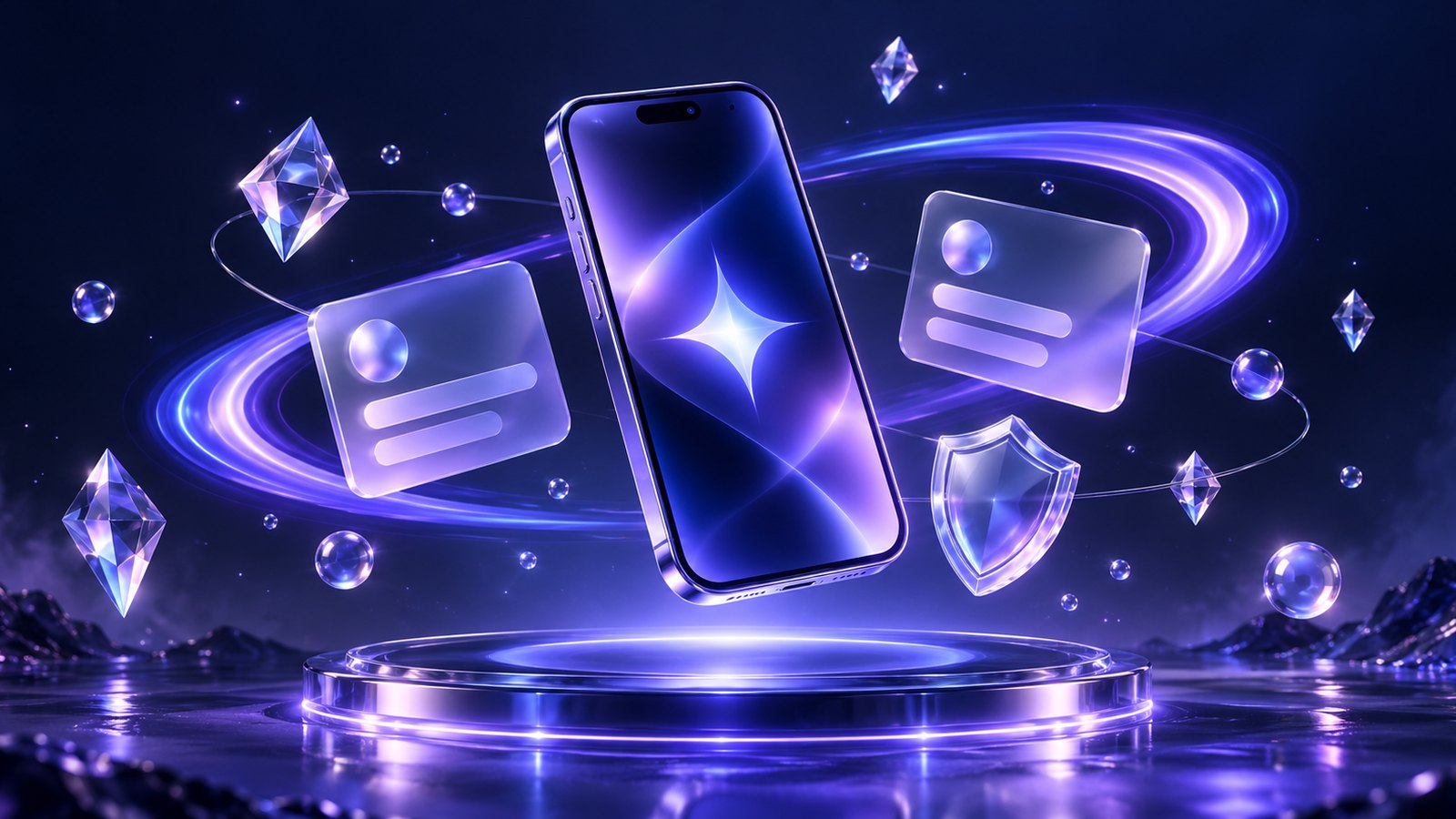 Gemini Subscription glass phone, subscription cards and account protection icons